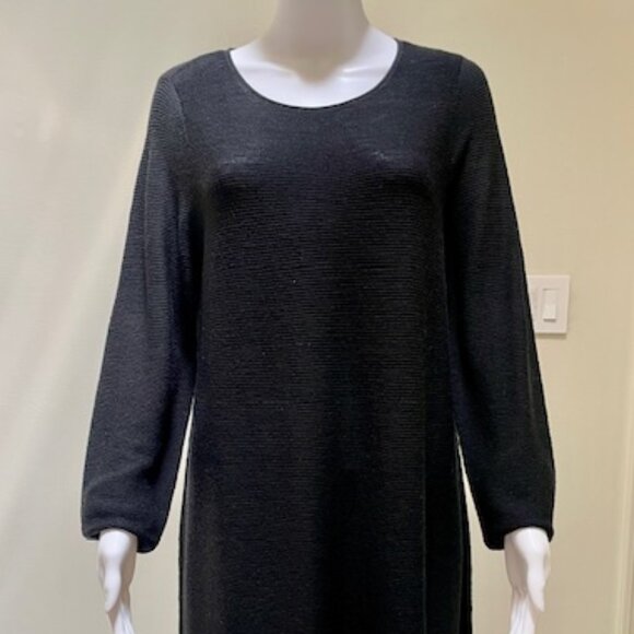 Eileen Fisher NWT Black Fine Merino Links Ballet Neck Long Sleeve Dress Size PL - Picture 1 of 8